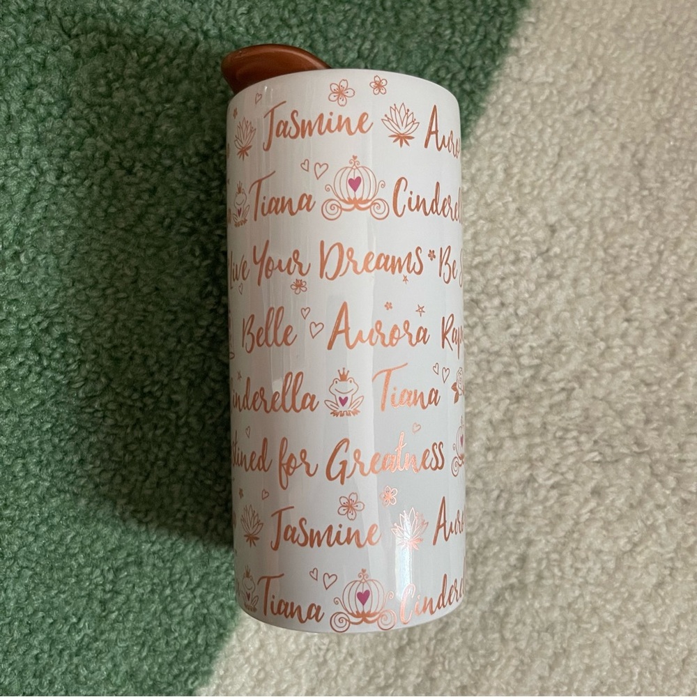 👑 Disney Parks Rose Gold Princesses Names Spellout  Ceramic Travel Tumbler Mug